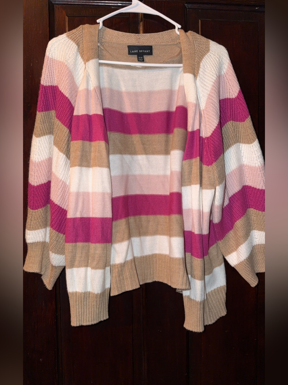 Lane Bryant Fuchsia, Pink, Tan & White Striped Open-Front Cardigan